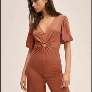 Mango Rust Brown V-Neck Ring-Detail Jumpsuit